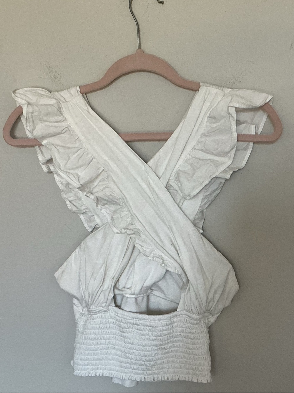 Anthropologie like new White Ruffled Cross-Back Smocked Top Small